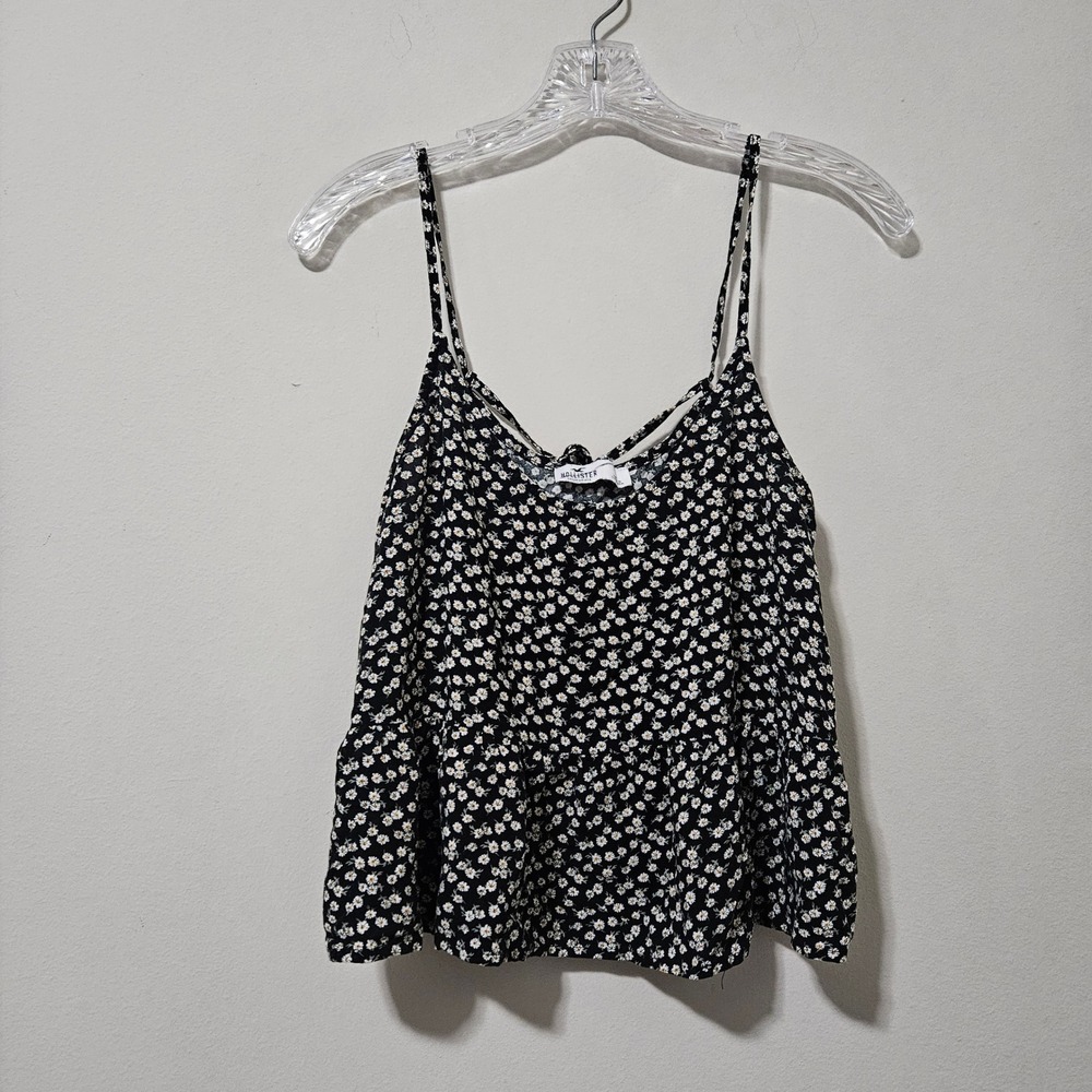 Hollister Womens Black Ditsy Floral Daisy Cami Tank‎ Top Tie Back Peplum Small